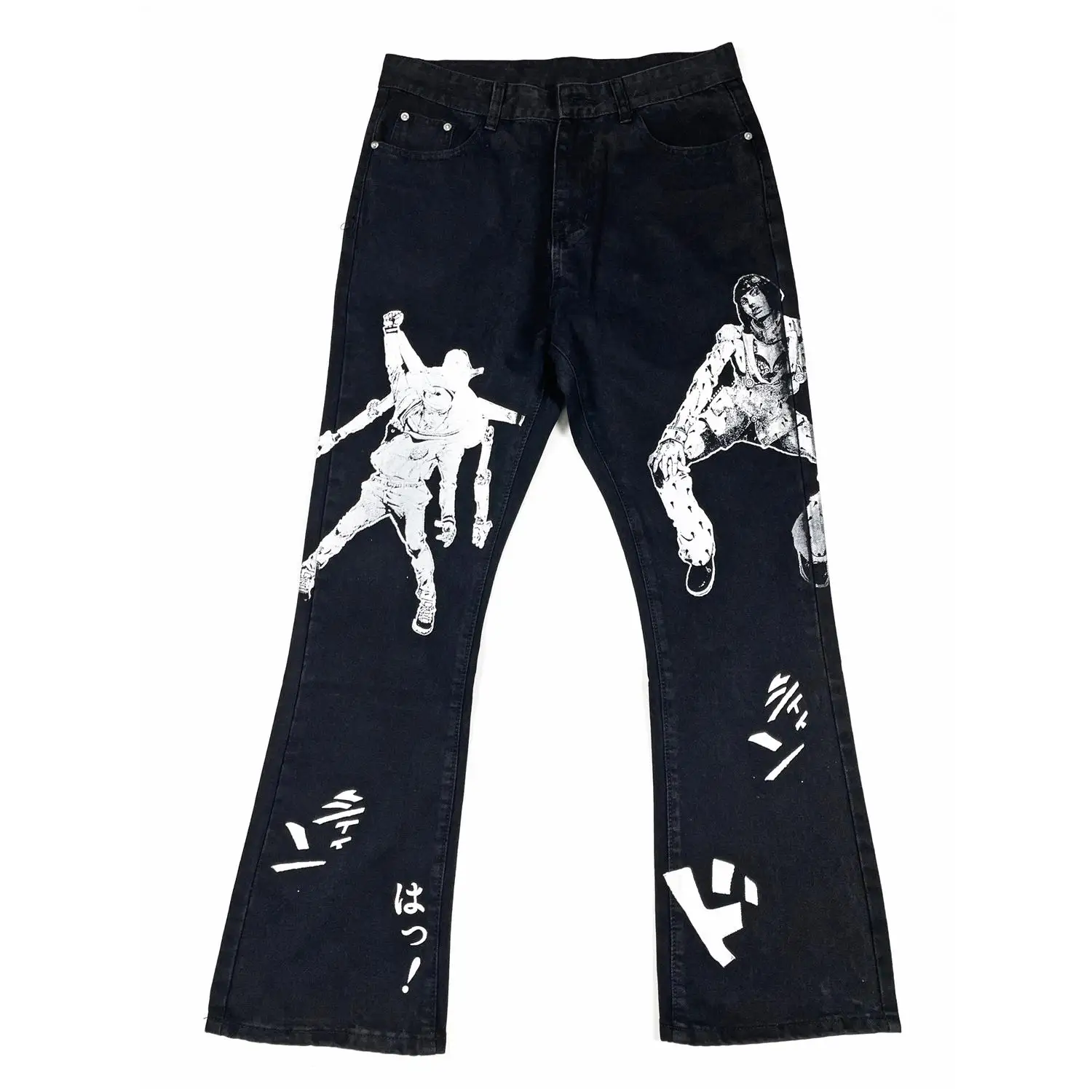 Original Street Fashion Hip Hop Rock Personality Print Pattern Loose Straight Micro-Flare Pants Men's and Women's Jeans