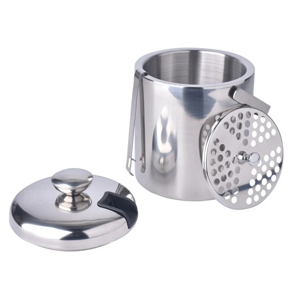 

1300ml Stainless Steel Wine Beer Ice Bucket Double-layer Wine Beer Ice Cube Tray w/ Tongs Container Bar Holiday Bar Supplies