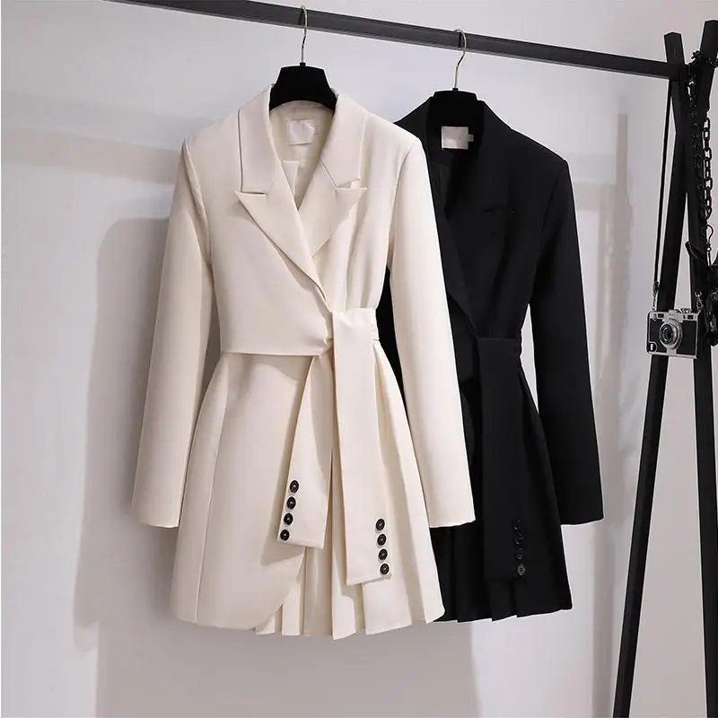 Large Size Women Blazer Dress 2022 New Spring Autumn Trench Coat Fashion Female Elegant Belt Windbreaker Overcoat With LIned 4XL