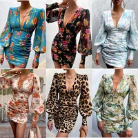 sexy v neck slim fit fold printing dress womens spring summer 2022 fashion new lantern sleeve high waist mini dresses