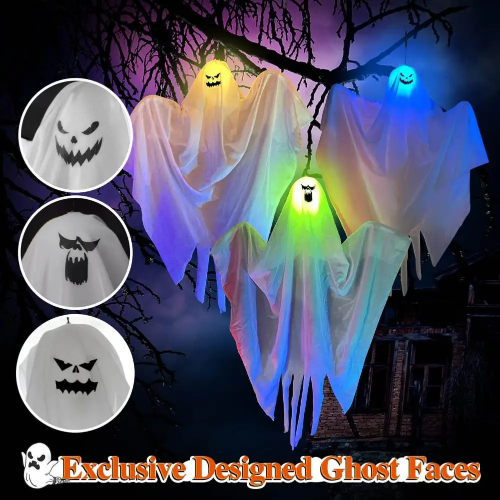 

3Pcs Hanging Ghosts With LED Light Easy Installation Light-up Spooky Glowing Flying Ghost Halloween Party Decoration