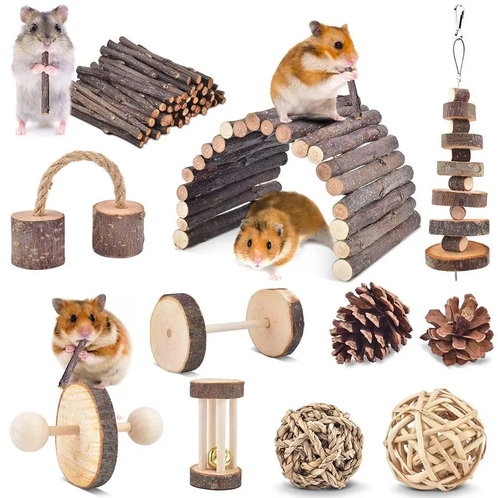 

11pcs Hamster Chew Toys Wooden Ladder Bell Roller Arch Bridge Molar Toys For Guinea Pigs Chinchillas Hamsters Bunnies