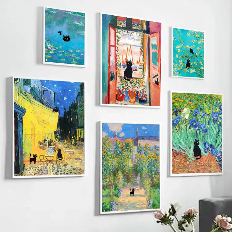 

Плакат Monet с изображением черной кошки-лилии, Ван Гога, ночного кафе, Матисса, Картина на холсте с изображением естественного искусства, иску...