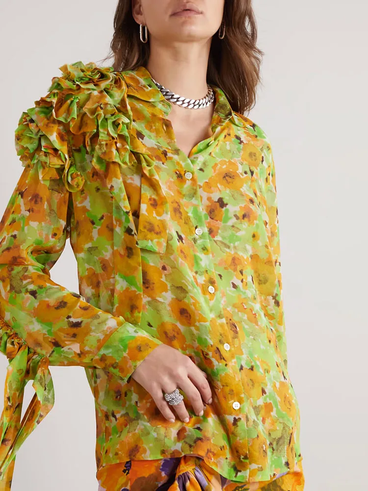 

Женская хлопковая блузка y2k, элегантная летняя рубашка с длинным рукавом, завязками на пуговицах и цветочным принтом, 2023