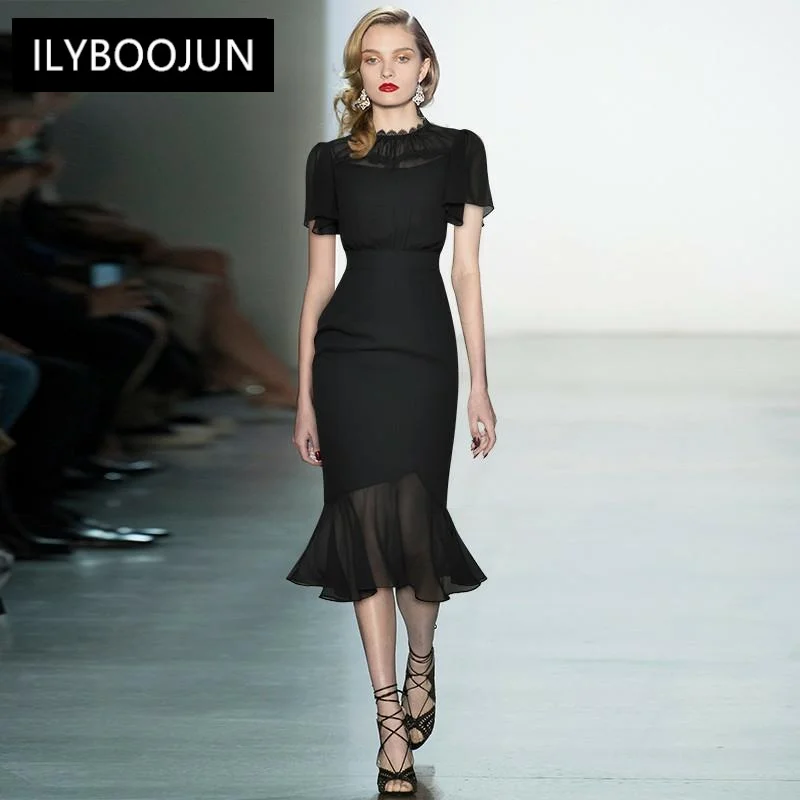 

Модное дизайнерское летнее шифоновое женское кружевное черное платье с круглым вырезом и коротким рукавом для клувечерние