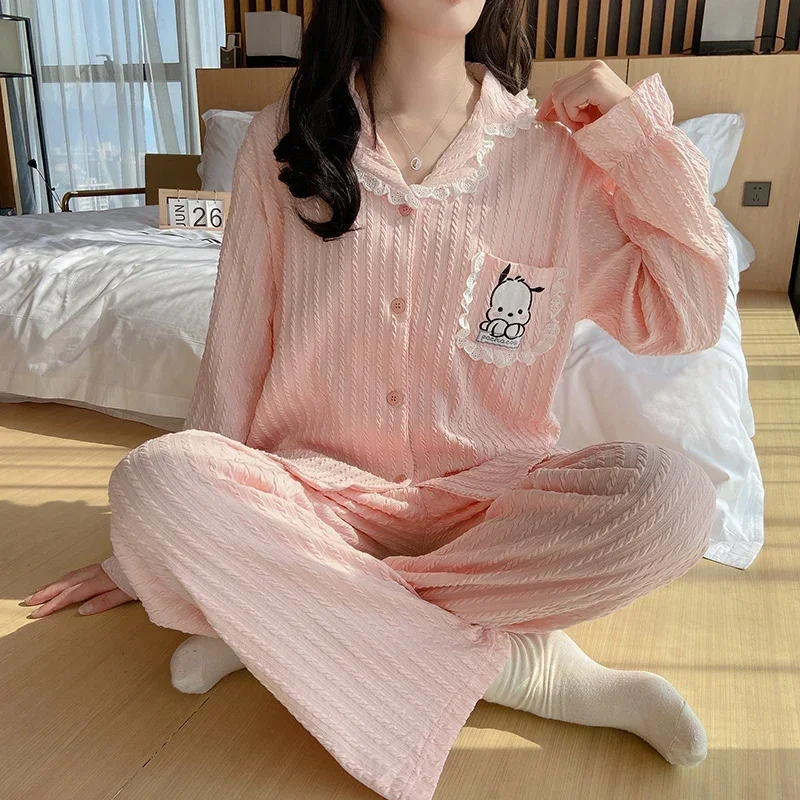 Sanrio Pacha Dog осенние хлопковые брюки с длинными рукавами удобные женские пижамы