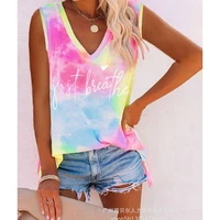 womens vest top summer fashion tie dye gradient color print letter pullover vest womens casual sleeveless v neck tank tops