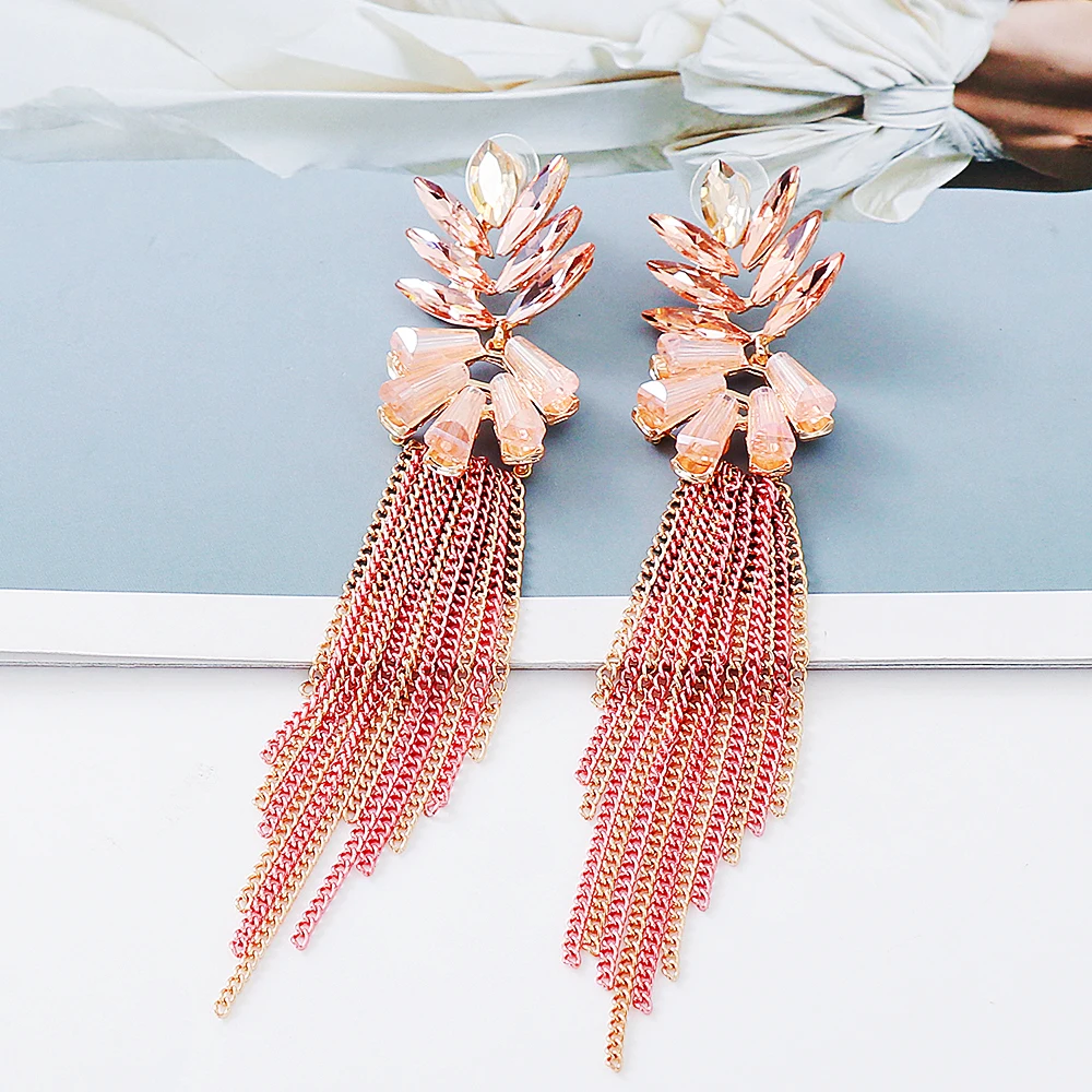 

New Pink Crystal Long Metal Chain Dangle Drop Earrings High-Quality Luxury Fashion Rhinestone Jewelry Accessories For Women