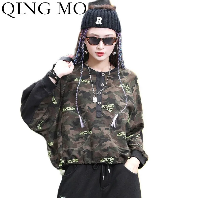 

Женский короткий Камуфляжный Топ QING MO, облегающий свитшот с круглым вырезом и рукавом летучая мышь, с надписью, весна 2022