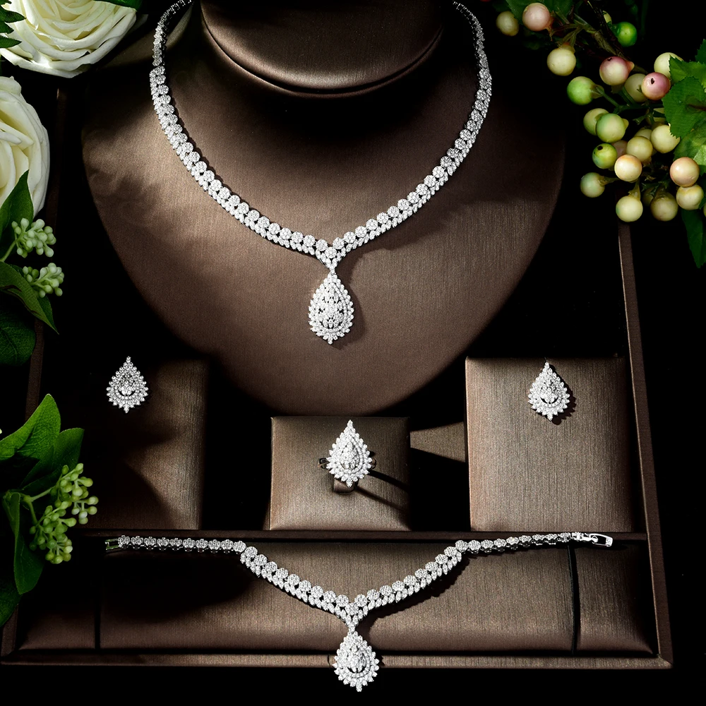 Fashion Luxury Bridal Jewelry Set With Cubic Zirconia Party Wedding Saudi Arabic Dubai Necklace&Earring&Bangle&Ring Sets N-247