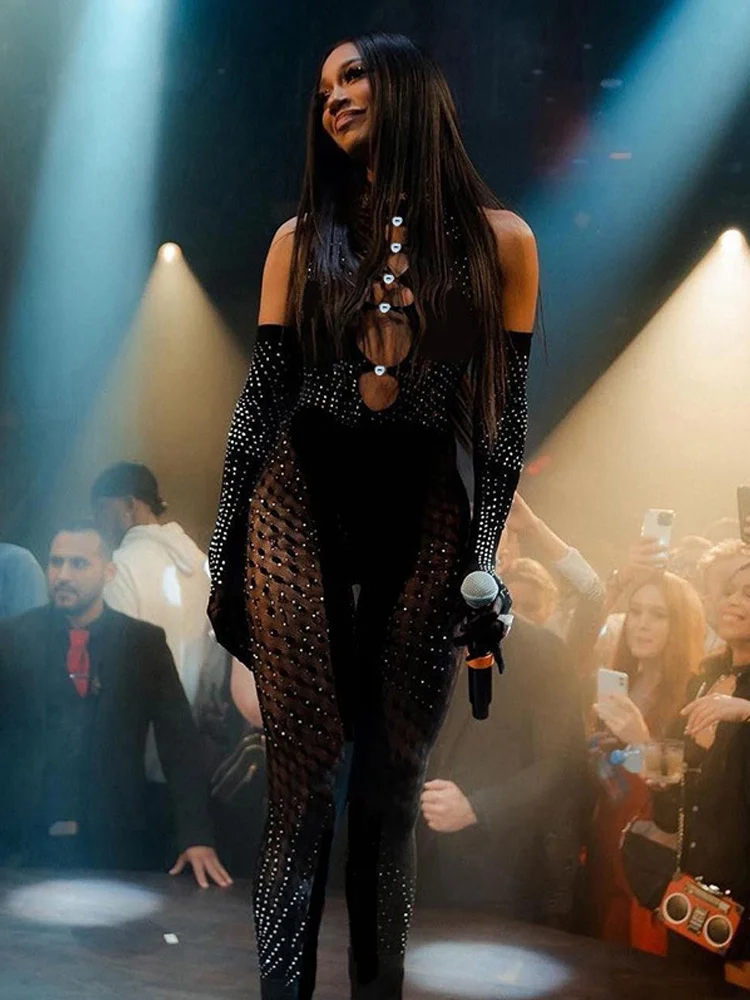 2022 Summer Sexy Diamond Jumpsuits Women Sleeveless Cut Out Mesh Sheer Patchwork Bodycon One Piece Rompers Fitness Clubwear