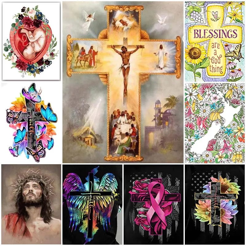 

DIY 5D Diamond Painting Religious Cross Stitch Kits Embroidery Mosaic Crucifix Jesus Flower Butterfly Rhinestones Decor Art Gift