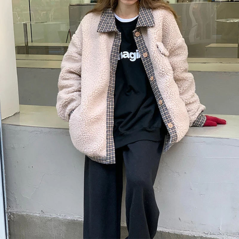 Vintage Stitching Lamb Fur Women's Coat Loose Fashion Thick Warm Women Cotton Padded Clothes Casual Ladies Winter Outerwear 2022