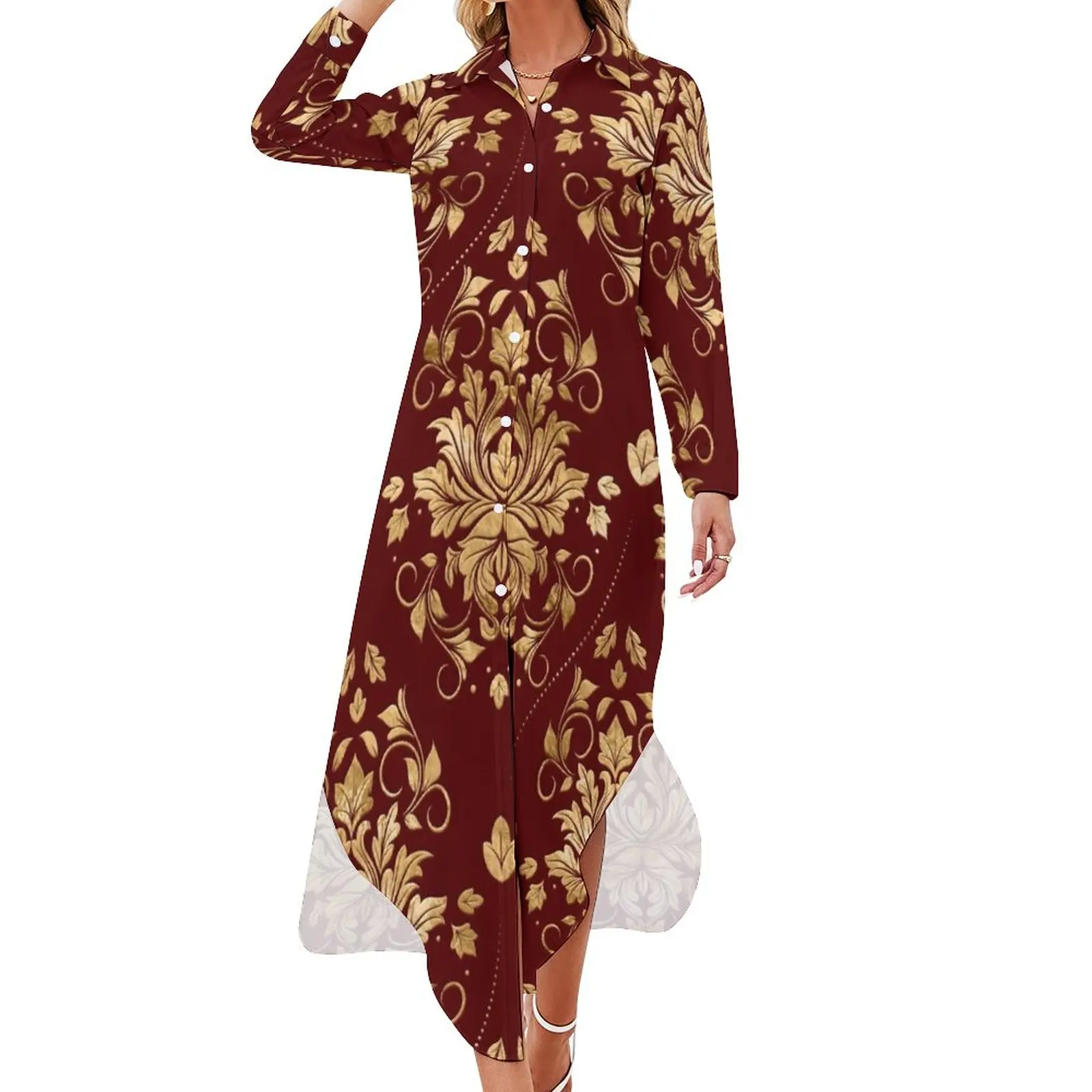 

Gold Baroque Casual Dress Oriental Vintage Damask Aesthetic Dresses Long Sleeve Elegant Female V Neck Oversized Chiffon Dress