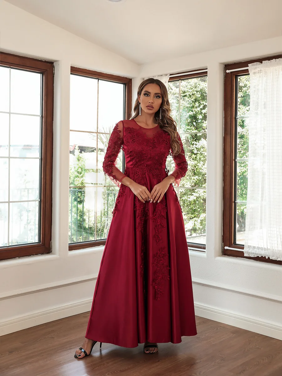 Luxury Evening Dress Long Sleeves A-Line O-Neck High Waist Ankle-Length Gown 2022 Ever Pretty of Gorgeous Prom Party Women Dress