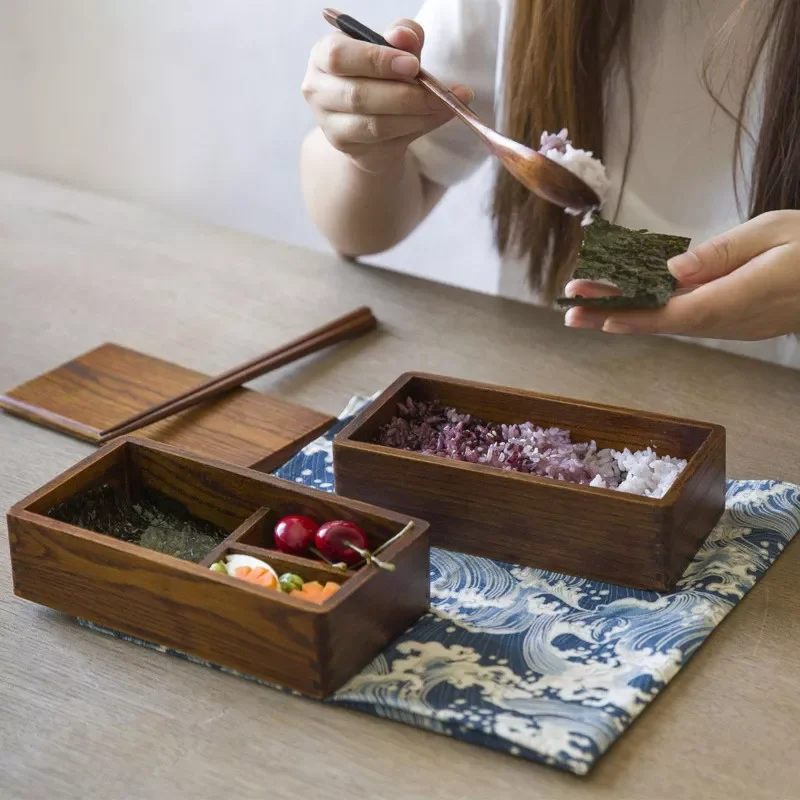 

Japanese Large Lunch Box Rectangular Double-layer Solid Wood Picnic Box Student Insulated Lunch Box Salad Plate Tableware