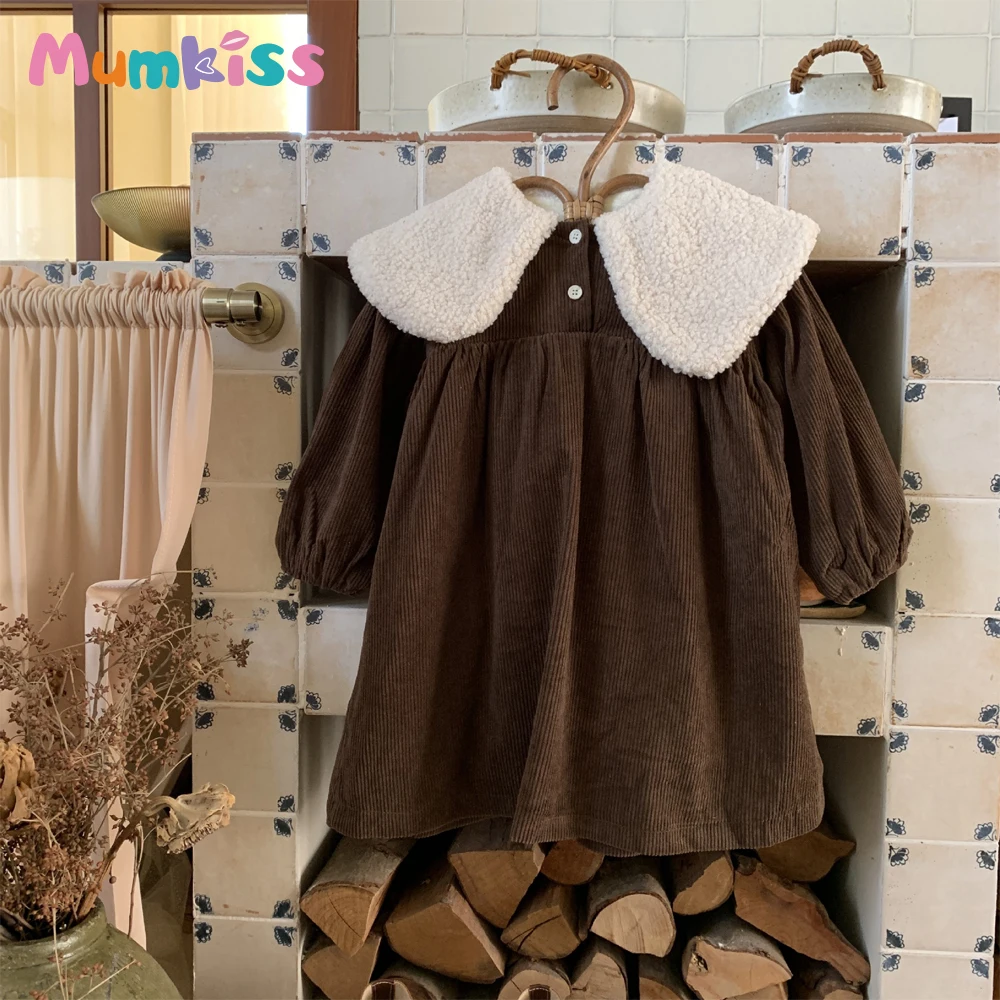 

Mumkiss Baby Dress Autumn And Winter New Casual Kids Clothing Solid Color Foreign Style Corduroy Lapel Plus Velvet Girls Dress