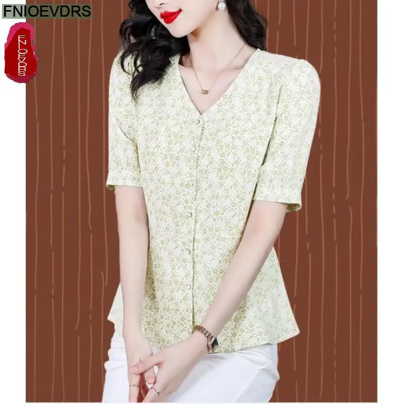 

S-3XL 2023 Women Summer Short Sleeve Elegant Office Lady Work Button Shirt Casual Floral Print Peplum Tops And Blouses