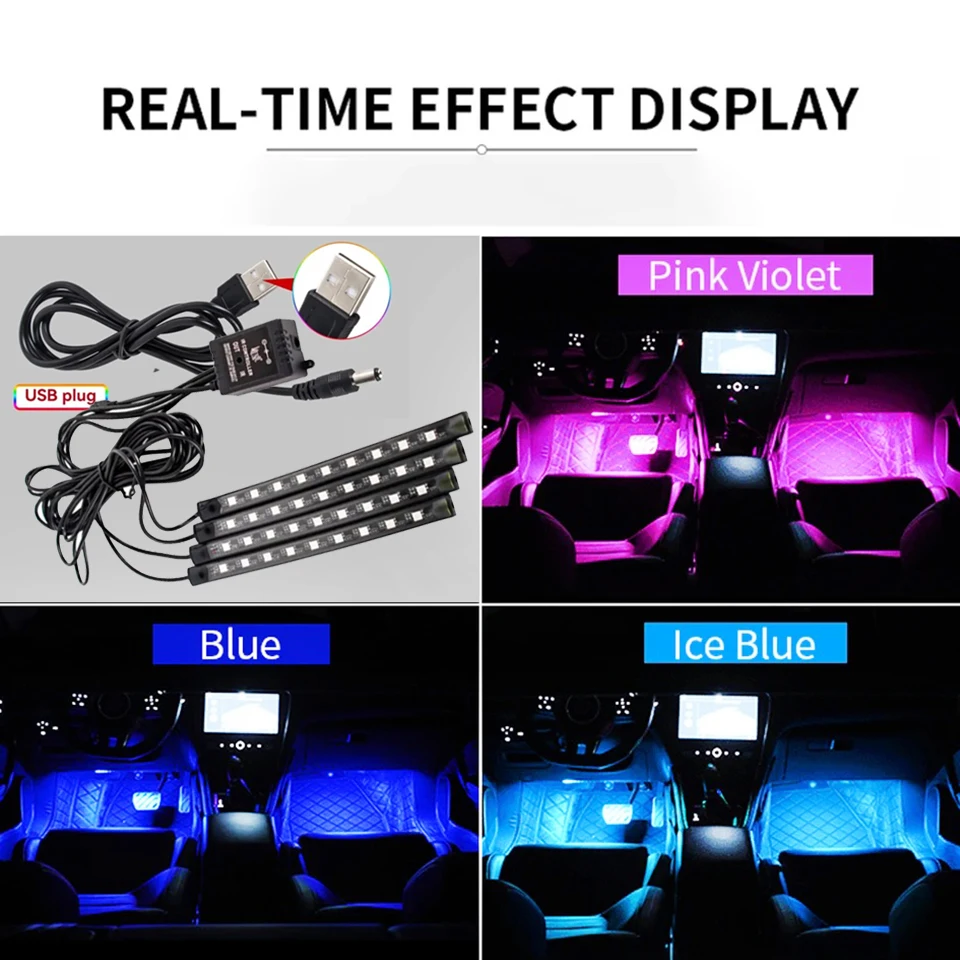 Фото Комплект из 4 светодиодных светильников для салона автомобиля - RGB, питание от USB, красочные подсветки для ног с синхронизацией с музыкой для улучшения атмосферы, Рождество №4