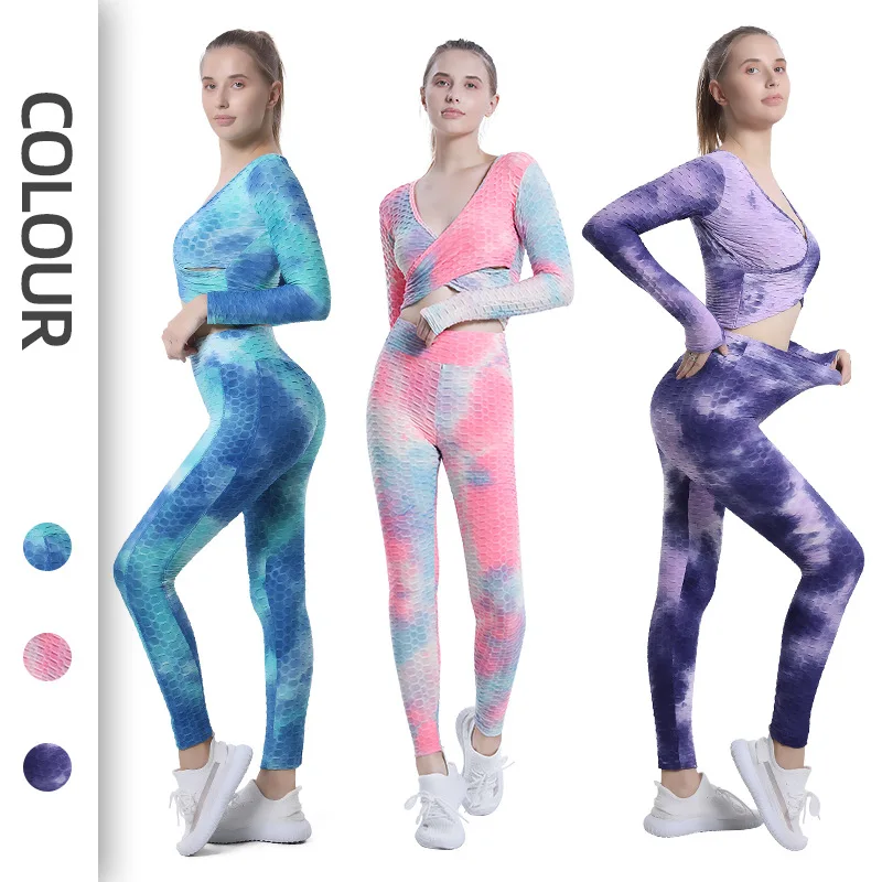 

Yoga Tops Cross Bra Peach Buttocks Tie-dye Yoga Pants Women's Jacquard Fitness Hip Lift Sportswear Suit
