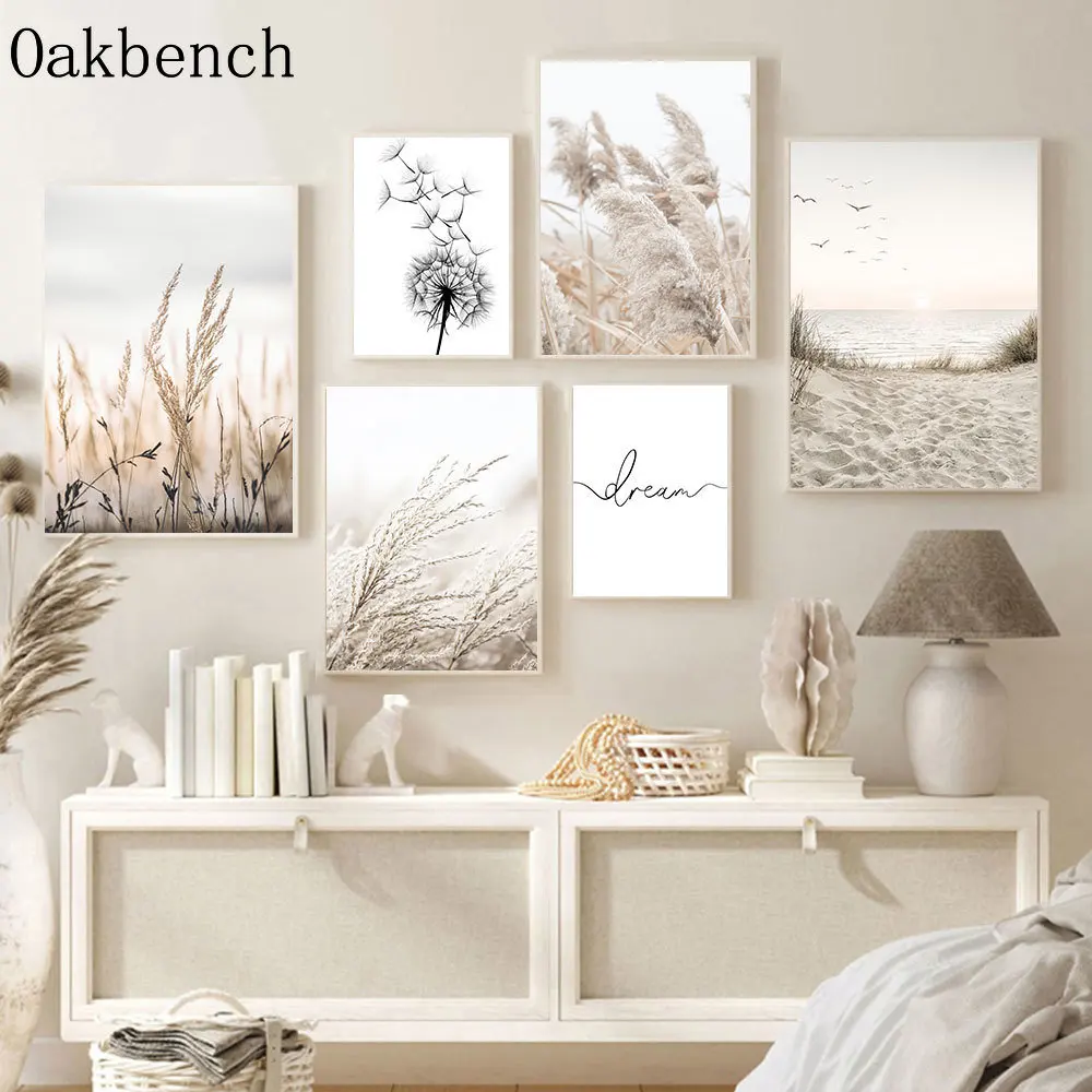 Сушеная трава холст плакат Пляжная морская стена искусство тростник