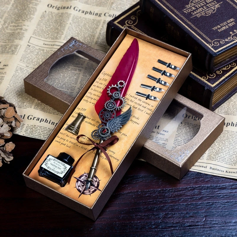 

Retro Calligraphy Feather Dip Pen with 5 Nib Set Quill Fountain Writing Creative Vintage Stationery Classic Gift Box School