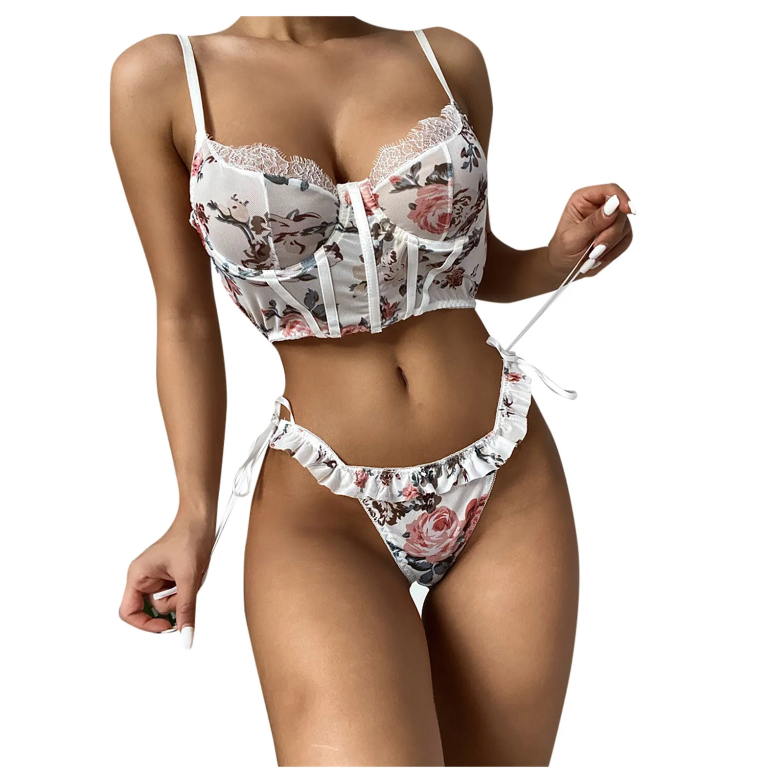 

Sexy Lace Lingerie Women Underwear Set Perspective Floral Bra And Thongs Set Lenceria Sensual Mujer Babydoll Hot Erotic Costumes