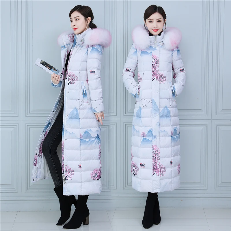 High-end Luxury Down Jacket Women Large Size Printing Fur Collar Thick Long Parkas Female 2022 Winter New White Duck Down Coat