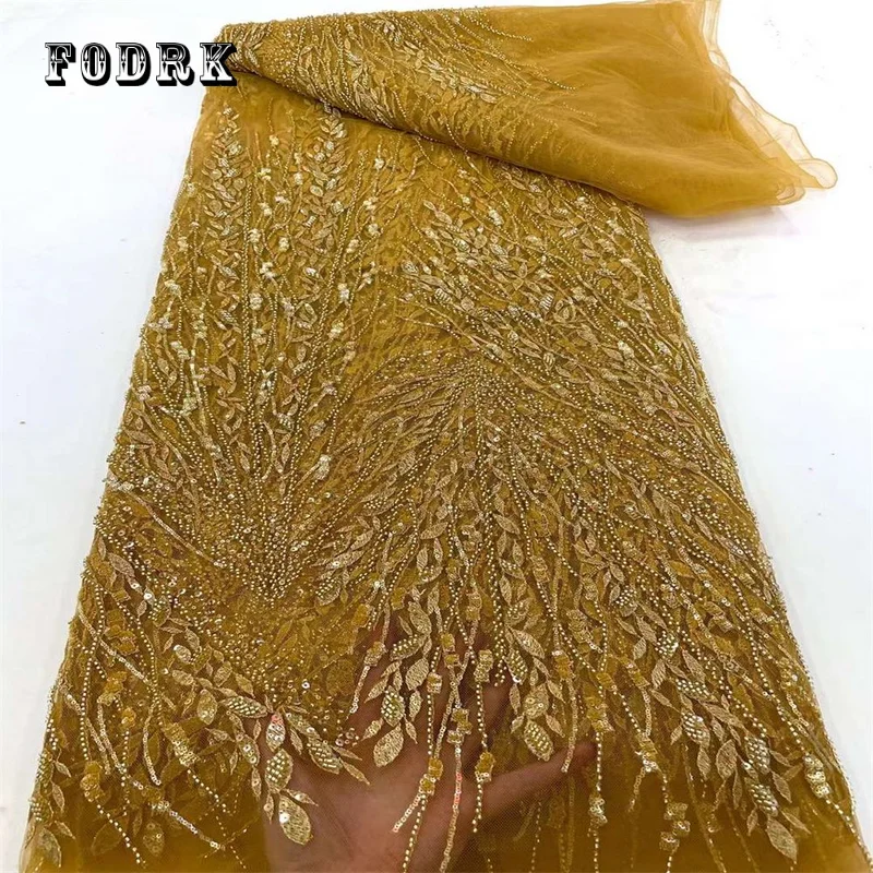 

Luxury Beaded Embroidery Fabric African Lace Fabric 2023 Nigerian 5 Yards French White Lace for Wedding Gown Party Dress Sewing