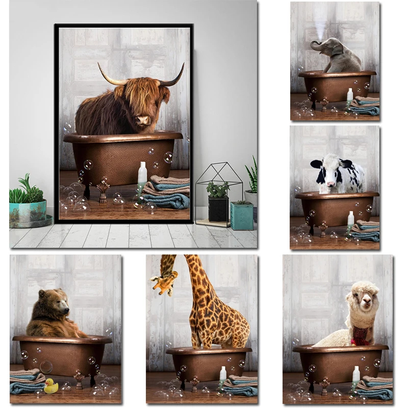 

Abstract Animal Bathroom Canvas Wall Art Painting Highland Cow Elephant Giraffe In Bathtub Animal Poster Modern Kids Home Room