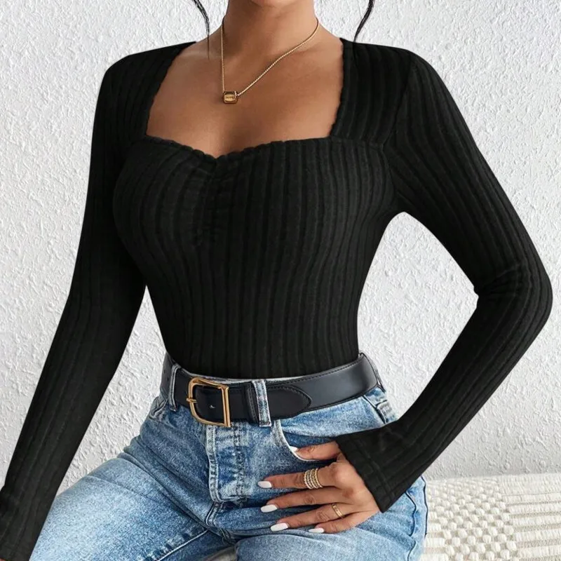 Черный вязаный свитер с длинными рукавами для женщин Осенний сексуальный