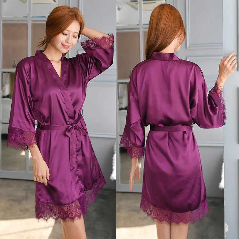 

Sexy LACE Kimono Robe Nightwear Women Short Home Dressing Gown Patchwork Casual Satin Nightgown Sleepwear Intimate Lingerie