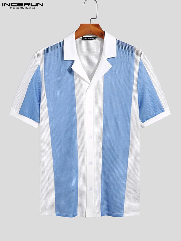 Korean Style New Men Knitted Contrast Blouse Fashion Casual Male Tops INCERUN 2022 Short-sleeved Lapel Button Thin Shirts S-5XL