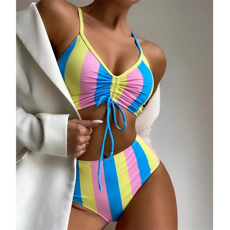 

High Waist Stripe Bikini 2021 Sexy Swimwear Women 2 Pieces Drawstring Swimming Suit For Women High Cut Swimsuit Beachwear