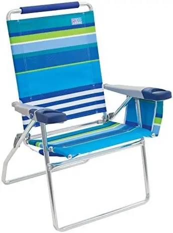 

Beach 17" Extended Height 4-Position Folding Beach Chair -Polyester, Graphic Traffic Blue/White/Multi Stripe Director chair Whit