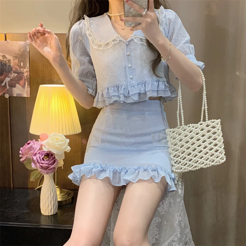

2022 Summer New Korean Half Sleeve Shirt Short Skirt Suit Fresh Lightweight Doll Collar Cardigan Tops Lace Skirts Two-piece Sets