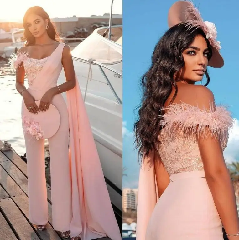 

Arabic Dubai Jumpsuit Pink Evening Dress With Feather Elegant One Shoulder Satin Wrap Pant Suit Prom Dresses Sequin Party Gowns