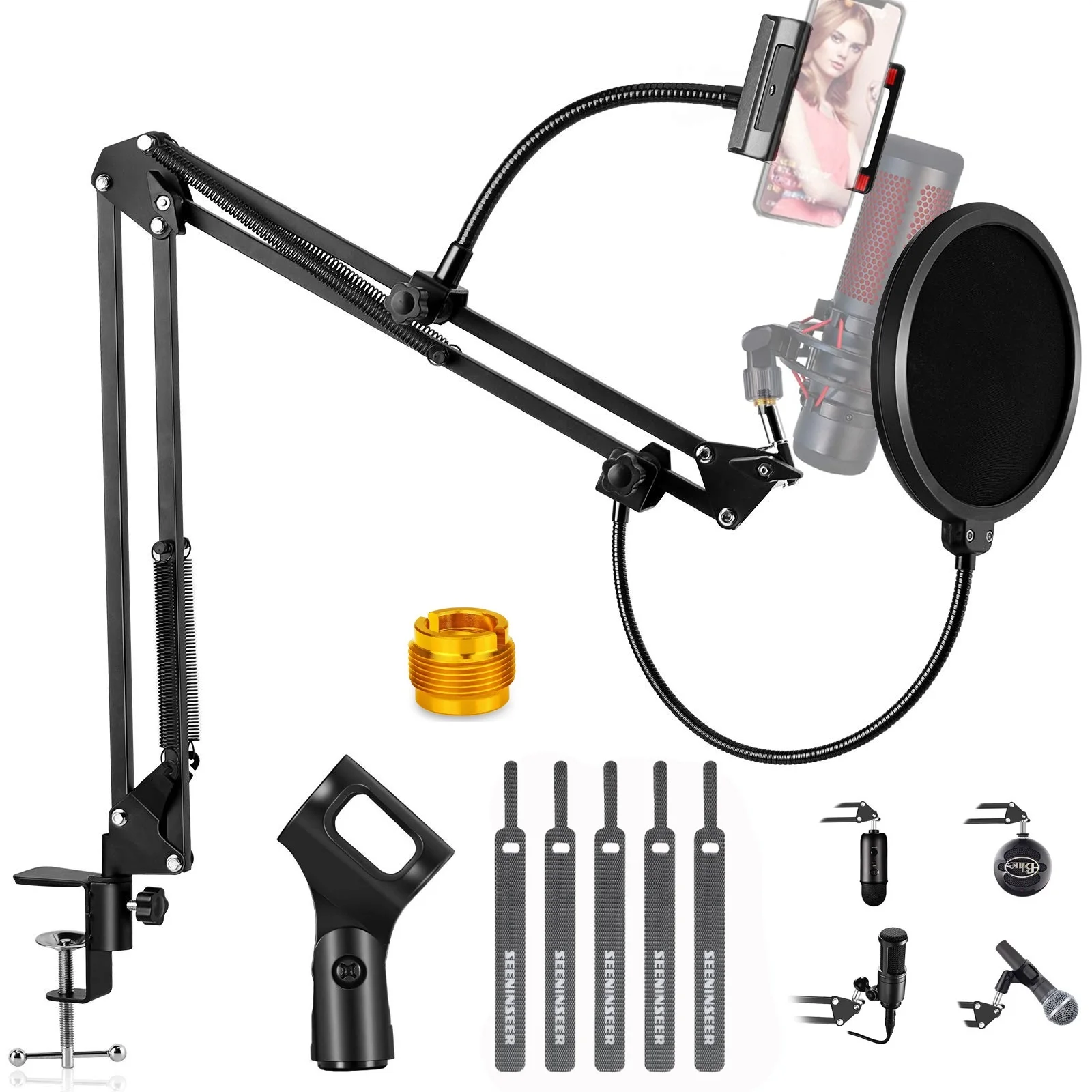 

Microphone Adjustable Scissor Arm Stand with Pop Filter Boom Suspension Mic Holder for Gaming,Podcast,Steaming