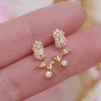 luxury rose flower shiny zircon earrings for women romantic small flowers pearl stud earrings female engagement wedding jewelry