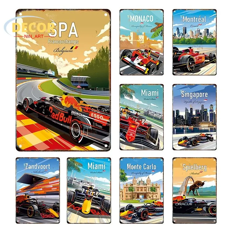 

Vintage Formula Grand Metal Tin Sign Poster for Prix Silverstone Race Track Hamilton Verstappen Racing Comic Wall Art Decor