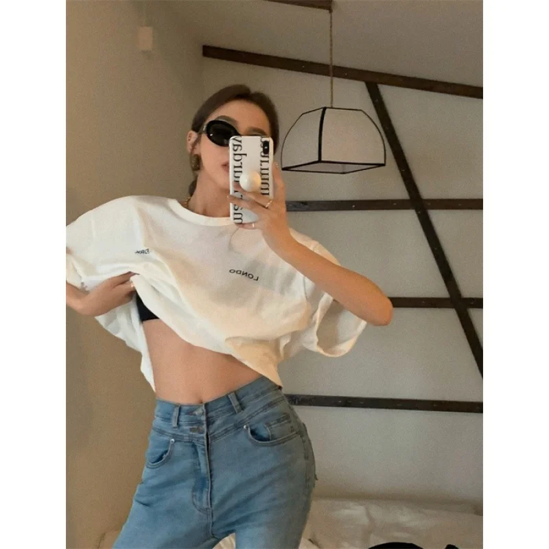 

Korean style simple loose casual letter printing mid-length T-shirt women