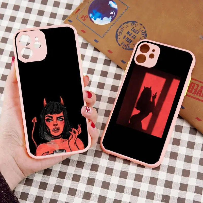 

Devil Woman Sexy Girl Phone Case Pink Color Matte Transparent For iPhone 13 12 11 Pro Max Mini X XR XS 7 8 Plus