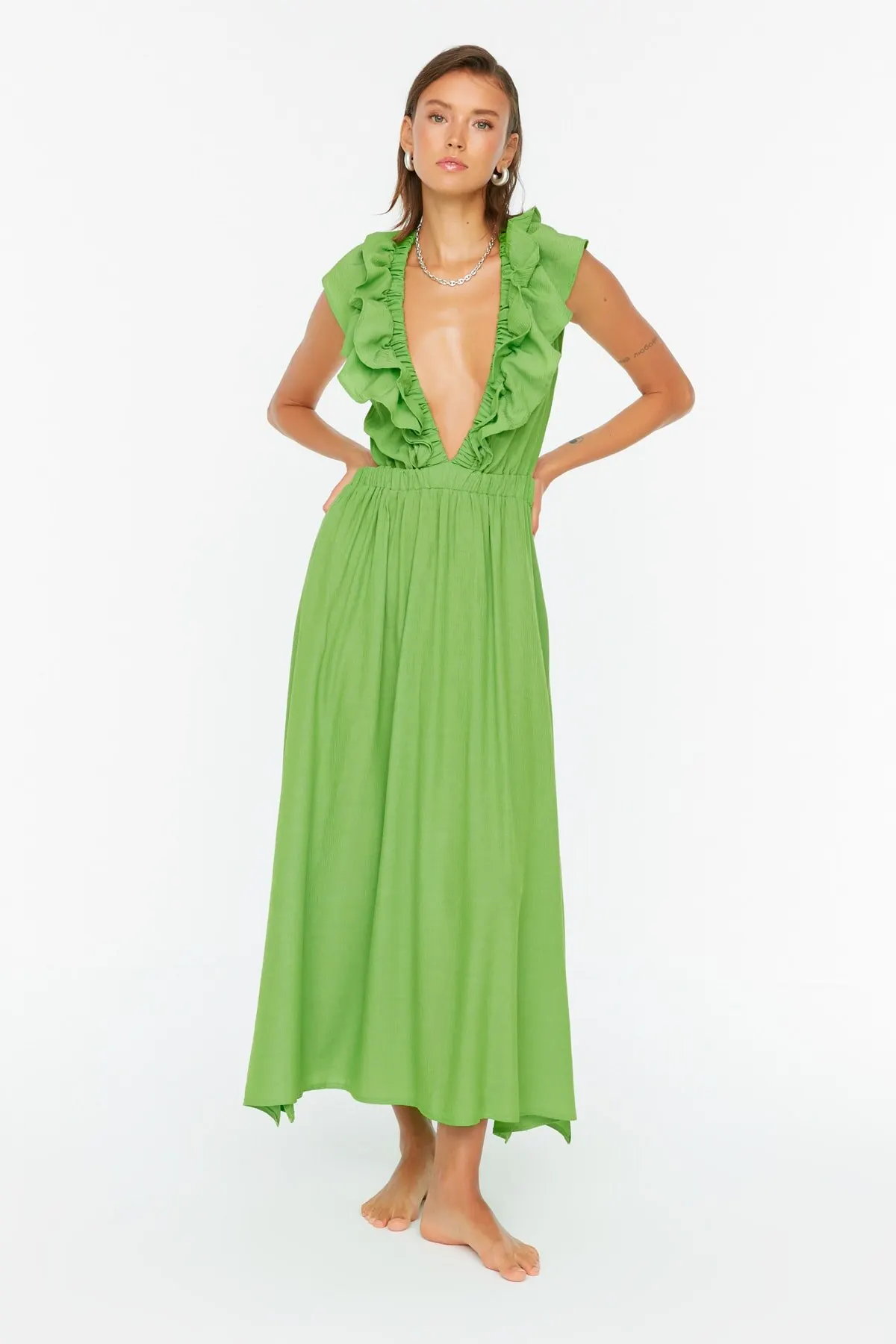 

Women's Dress Green Ruffle Detailed Woven Beach Elegant Fashion Casual Casual Casual Casual Casual Casual Casual Casual Boho Dress Dress