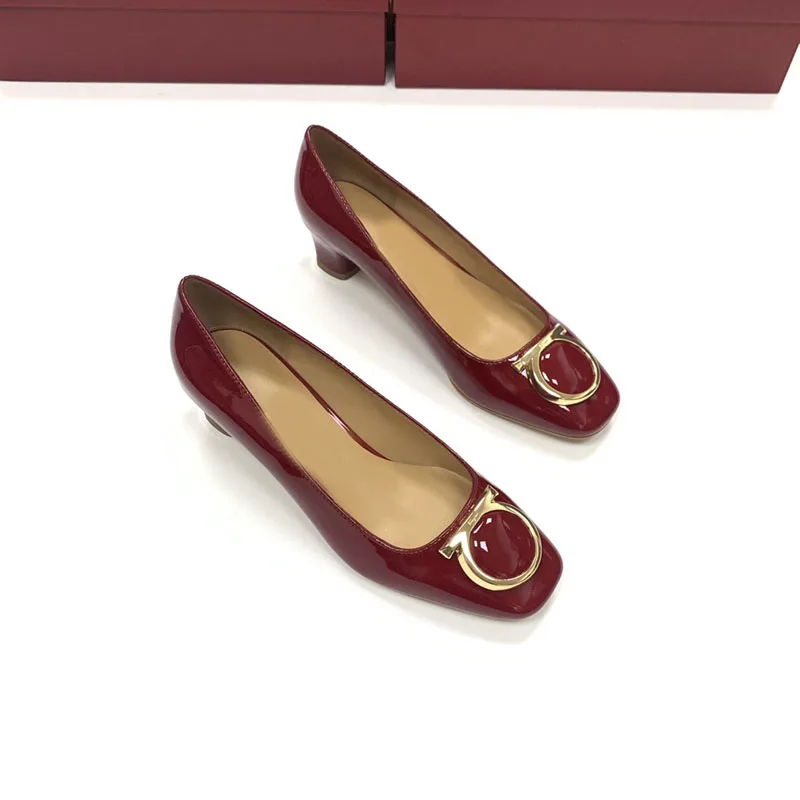 2023 spring high-quality square toe patent leather copper buckle middle and low heel elegant women's shoes comfortable shoes