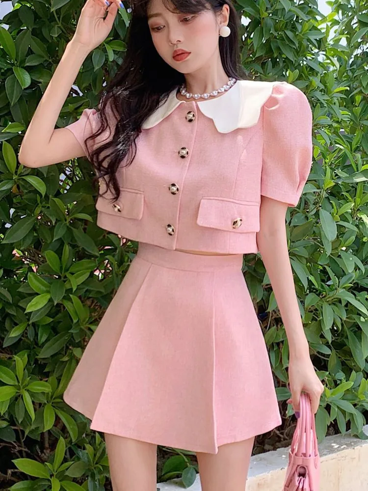 

High Quality Fashion Small Fragrance Two Piece Set Women Crop Top Short Jacket Coat + Mini Skirt Sets Korean Sweet 2 Piece Suits