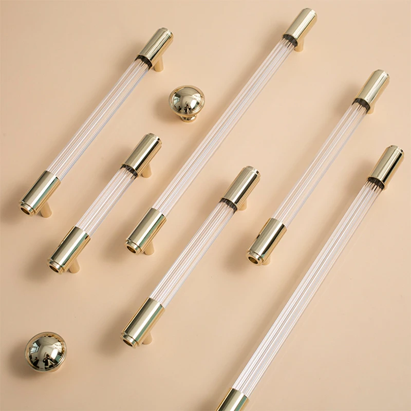 

Bright Gold+Transparent Modern Style Acrylic Drawer Knobs T bar Handle Bathroom Pulls Kitchen Cabinet Door Handle Pull Decorate