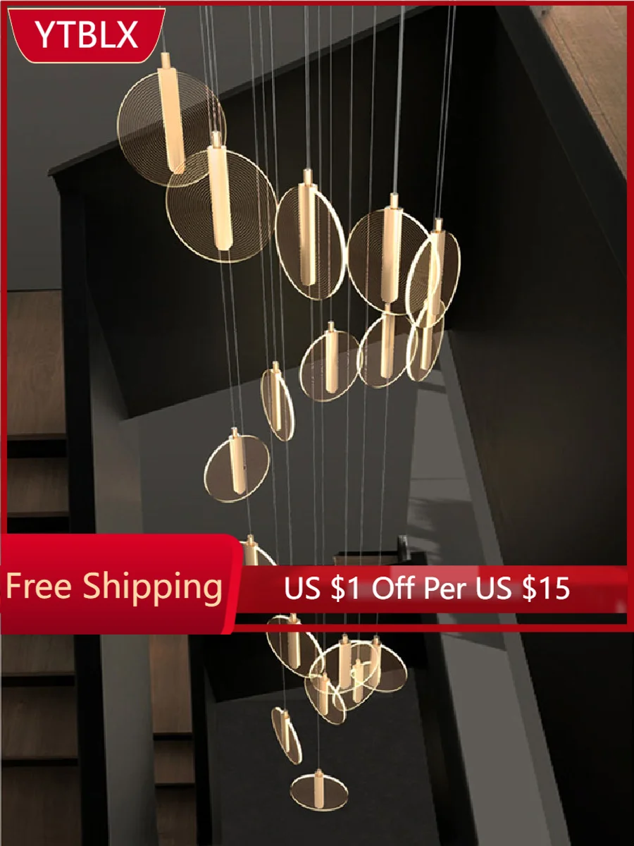 

Stair LED Chandelier Modern Villa Hotel Lobby Hanging Lamp Creative Duplex Loft Rotating Long Chandelier Home Decoration Lamp