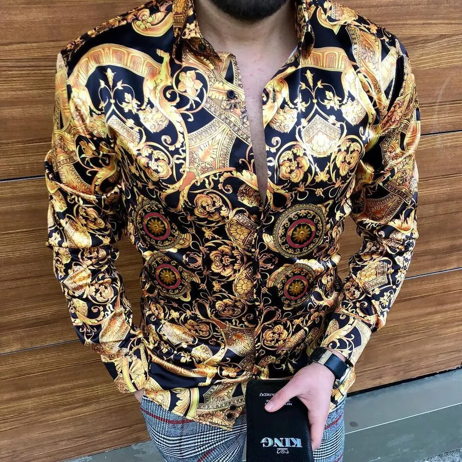 

2022 Luxury Royal Golden Men's Casual Long Sleeve Shirt Men Paisley Print Shirt Camisa Social Manga Longa Prom Party Shirt