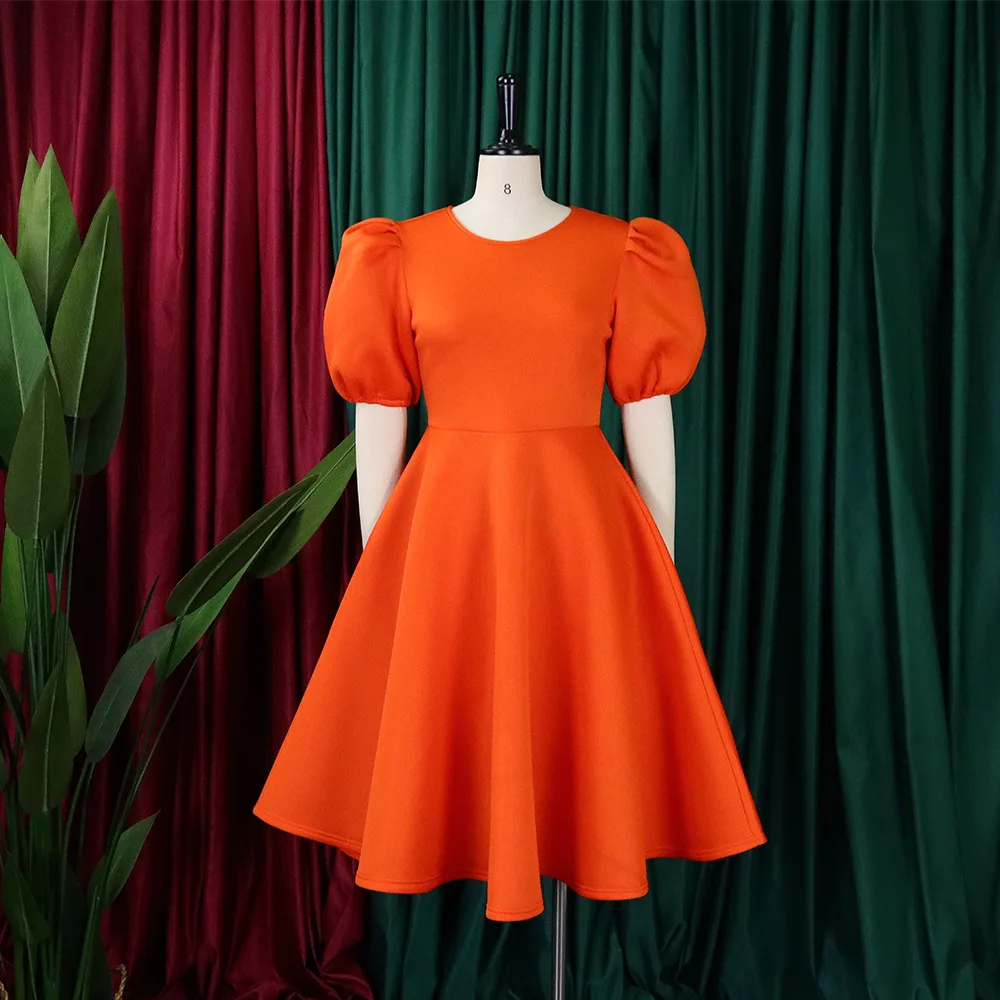 Plus Size Women Evening Dress Puff Sleeve Solid Wide Elegant Cloth Casual Short Gown 2023 Summer Trendy Female Party Dress