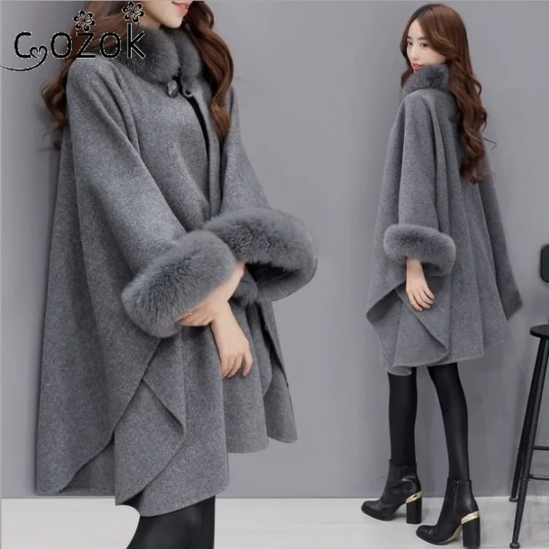 Fur Collar Womens Jackets Coats Long Woolen Coat Winter  Clothes Temperament Cape Wool Blends Office Lady Korean Women Clothing